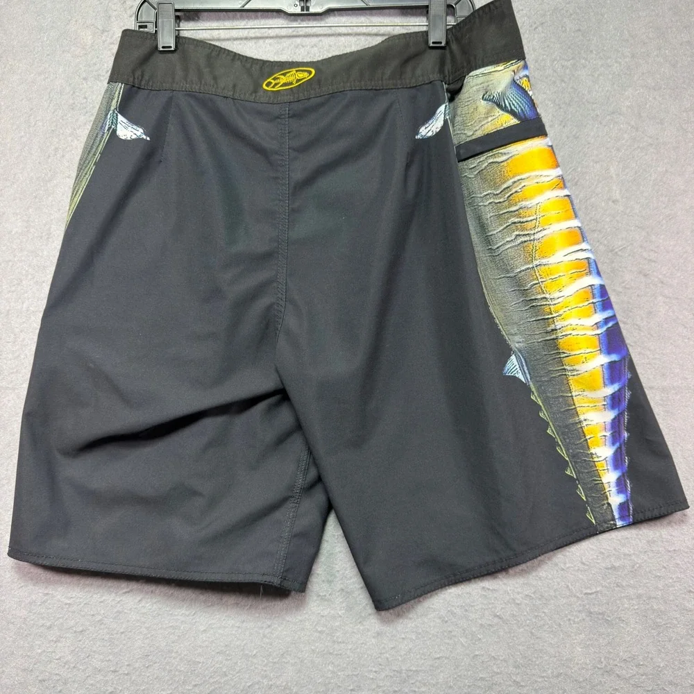 Tormenter Mens Fish Graphic Board Shorts Black Blue Yellow Size 34 Fishing Surf
